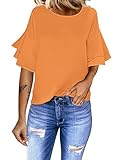 Luvamia Women's Casual 3/4 Tiered Bell Sleeve Crewneck Loose Tops Blouses Shirt Going Out Tops for Women Peasant Blouses for Women Apricot Size Medium