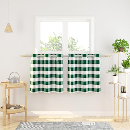 NATUS WEAVER Tier Curtains 24 inches Long Buffalo Check Gingham Plaid Kitchen Window Curtain Panels Small Short Bathroom Grommet Top Window Treatment 2 Panels Dark Green and White