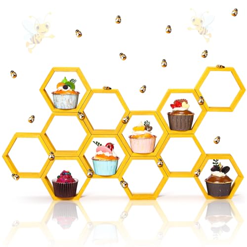 FairySandy 12 Pcs Mini Honeycomb Cupcake Stand Cake Farmhouse Hexagon Display Holder Hexagonal Wood Cupcake Stand Floating Table Sign with 50 Tiny Wooden Bee for Baby Shower (Gold)