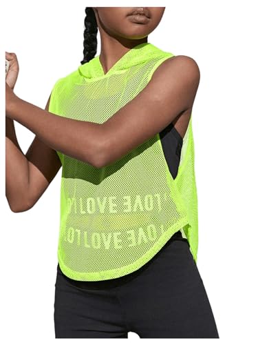 SweatyRocks Girl's Sleeveless Hooded Workout Tops Sheer Mesh Curved Hem Sports Tank Top3