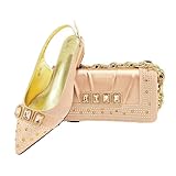 Juego de zapatos cómodos de tacón bajo para mujer y bolsa rectangular con detalles de cristal para ocasiones elegantes