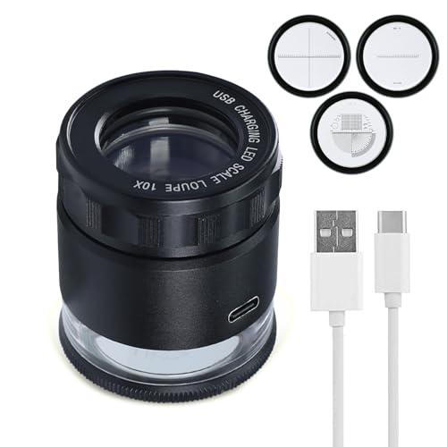Image of 10X Rechargeable Jewelers Loupe with LED Lights & 3 Reticle Scales, 25mm Field of View, Adjustable Focus Eye Loop Magnifier LED Scale Loupe Jewelry Magnifying Glass for Coins, Watch, Stamps, Plants