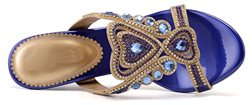 Honeystore Women's Heart Shape Rhinestones Chunky Heels Slip-On Sandals Wedding Shoes Blue 9 B(M) Us #TOP2