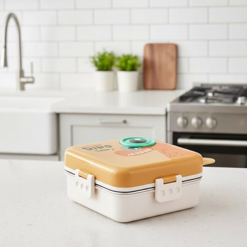 Image of Darkpyro Super Dinosaur Cartoon Kids Lunch Box with Compartments - Air Vent, Spoon, Sauce Container & Stainless Steel Tray - Yellow Dinosaur Design(1100ml+50ml