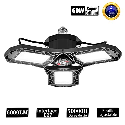 Lampe LED E27 60W Lustre Pour Garage Atelier Bawoo Luminaire intérieur 72 LEDs Lampe Éclairage Déformable 270u00b0 LED 6000LM Lampe de Plafond Ampoule LED E27 Lampe de Magasin Parking