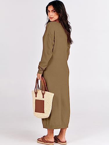 Image of ANRABESS Women Long Sleeve Button V Neck Oversized Casual Loose Fit Waffle Knit Fall Midi Sweater Dress 2026 Trendy Outfits