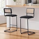 Zesthouse Natural Rattan Counter Stools Set of 2, 26'' Mid Century Modern Counter Height Barstools with Solid Wood Back & Cane Mesh, Upholstered Black Boucle Bar Stools for Kitchen Island, Chrome Base