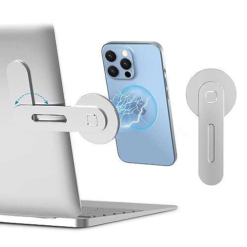 imluckies Magnetic Laptop Phone Holder, Adjustable Computer Monitor Side Mount Clip Compatible with iPhone 16/15/14/13/12 Series & MagSafe Case & All Phones, Portable Foldable Computer Bracket, Silver