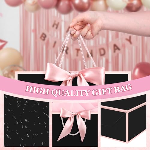 Image of JMANNI Gift Bags with Handles, 13 inch Medium Gift Bag for Presents, 1 Pcs Bags with 2 Tissue Paper and 1 Cards for Baby Shower Wedding Bridal Shower Mother's Day Birthday Party (black-pink