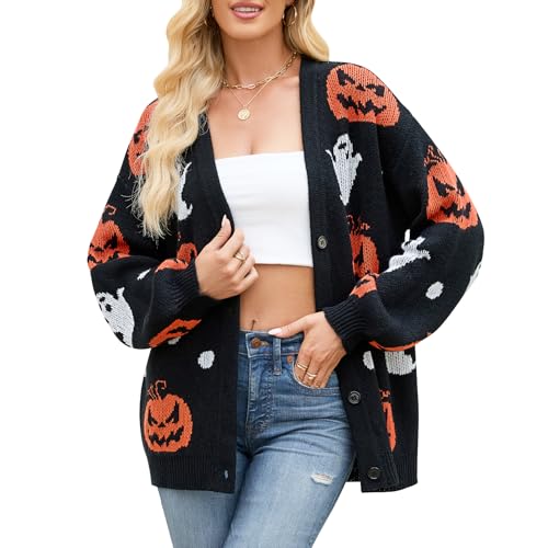 Cardigan Sweaters for Women Halloween Pumpkin Ghost Long Sleeve Loose Casual Knit Cardigans Outwear Coat Tops