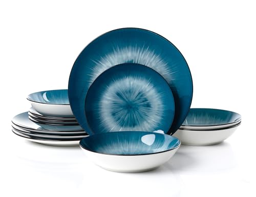 Waterside 12pc 2 Tone Blue Star Porcelain Dinnerware Set, 4 Dinner Plates, Side Plates and Bowls