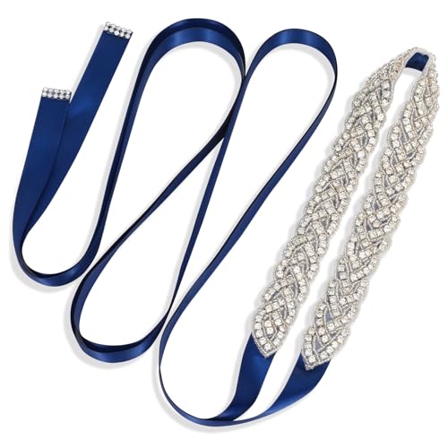 XZQTIVE Bridal Belt Handmade Crystal Rhinestone Braided Wedding Dress Sash Belt For Bridal Gowns, Silver, Blue Organza
