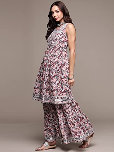 Image of anubhutee Women's Cotton Mauve Gota Patti Floral Printed A-Line Kurta Suit Set with Sharara and Dupatta