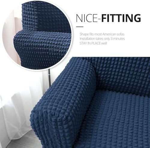 Image of Bails Sofa Cover 3 Seater Fully Covered | Turkish Elastic Sofa Cover | Sofa Cover 3Seater | Universal Elastic Bubble Fabric with Frill Sofa Protector Cover (Navy, 3 Seater)