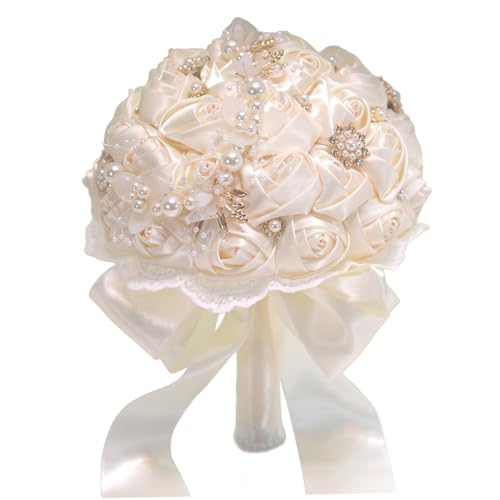 CAKEEYUM Ramos de Novia para Novia/Dama de Honor, Ramo de/quinceañera de Mano con Perlas y Joyas, Flores Artificiales realistas de 18 x 18 cm con asa para, Ramo de Boda. de, de