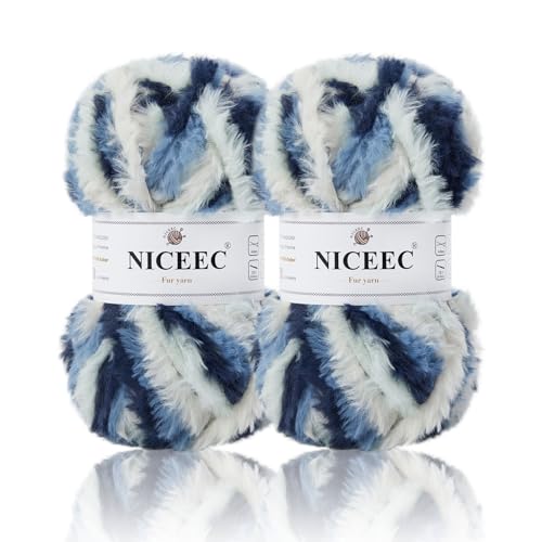 Image of NICEEC 2 Skeins Faux Fur Yarn Super Soft, Chunky & Fluffy, Eyelash Yarn for Crochet & Knitting (Total Length 70yds,3.53oz) - Blue White White