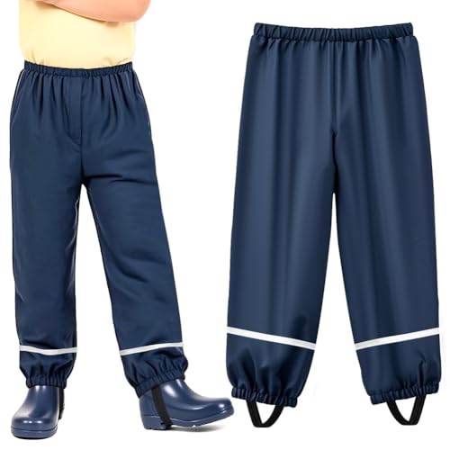 BSBUY Leichte Regenhose Kinder Matschhose Regenlatzhose Ohne Träger mit Reflektorstreifen Regenbundhose Mädchen Wasserdicht Winddicht Atmungsaktiv Rain Pants Unisex Jungen Matschanzug (Marineblau,140)