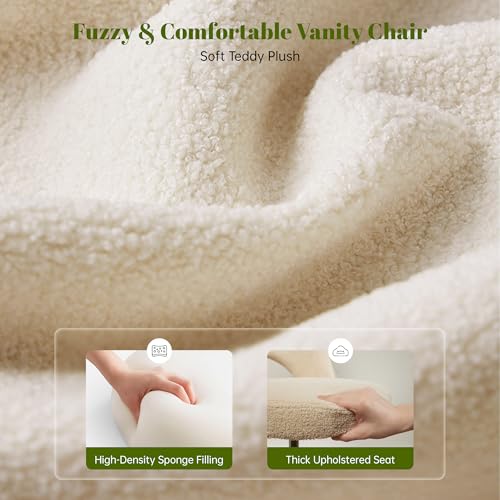 Image of DurayLoly Vanity Chair with Open-Back,Off-White | Cute Desk Chair,360 Wheels , Soft Teddy Fleece, Height Adjustable
