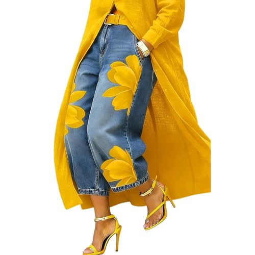Jeans jambe large avec taille fleurie imprimée et coupe fluide