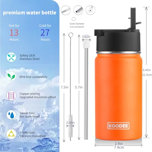 Image of koodee Water Bottle with Straw-12 oz Stainless Steel Double Wall Vacuum Insulated Wide Mouth Flask Metal Sports Water Bottle BPA Free (Mango Yellow)