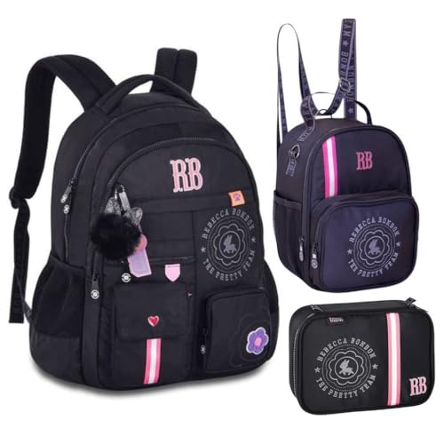 Kit Mochilas Costas Rebecca Bonbon com Lancheira e Estojo Box Bordado 2025 (PRETO)