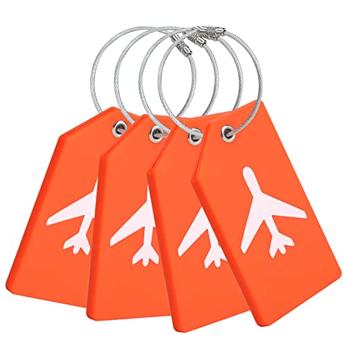 DRAMBOR Flugzeug Gepäckanhänger Silikon Gepäckanhänger Kofferanhänger Luggage Tag Wasserdicht mit Adressschild Edelstahlkabel 4er Set Orange Cover