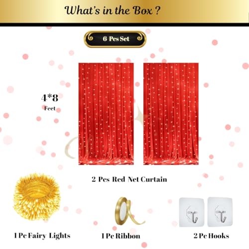 Image of Shimmers Red Net Curtain Decoration Set 4x8 Ft with Ribbon and Hooks, Backdrop Kit for Birthday, Wedding, Ganpati Decoration Photo Booth,Pack of 6 Pieces