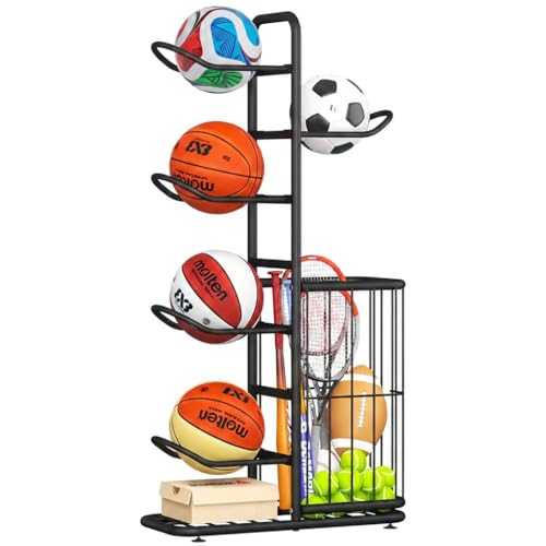 Ballständer Ball Aufbewahrung Metall mit 5 Abnehmbaren Ballhaltern und Aufbewahrungskorb Ballkorb für Basketball Fußball und Volleyball Sportregal für Garage Keller Zuhause Fußball Fans Training