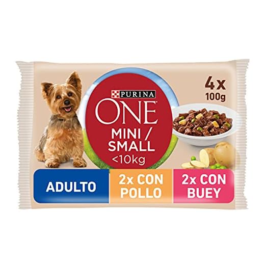 Purina One Mini Bocconi in Salsa Cane Adult con Pollo, Manzo e Verdure, per Cani Fino a 10 kg, 4 x 100 g - Confezione da 10 Pezzi