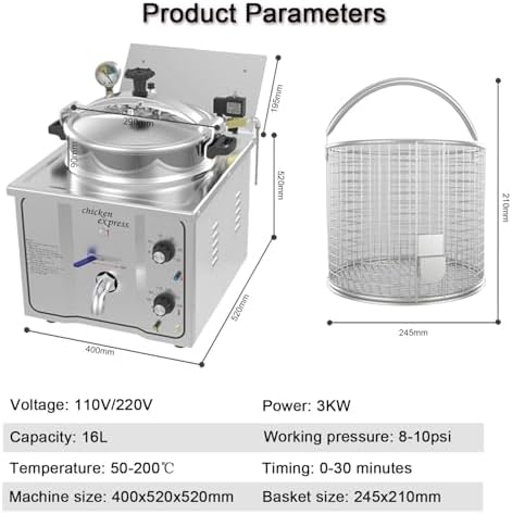 Freidora Eléctrica a Presión Comercial 16L con Temporizador y Termostato miniatura 2