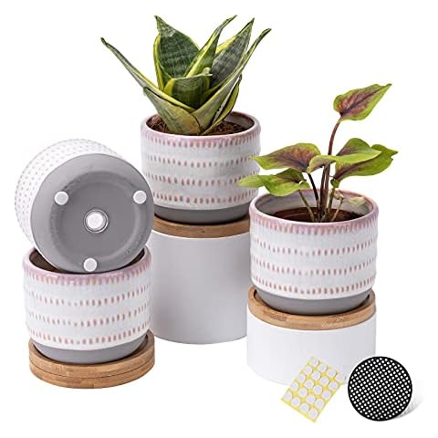 4 Inch Ceramic Plant Pot with Bamboo Saucer, Planters Pots with Drainage Hole & Mesh Pads for Succulent, Indoor Flowers, Snake Plants, Cactus, Herbs - Pink Dots Style, Set of 4 (Plant Not Included) Cover