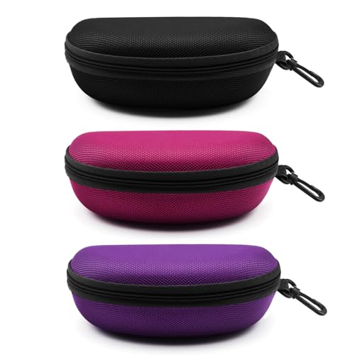 SteelFever 3pcs Sunglasses Case, Portable Travel Zipper Hard Shell Eyeglasses Case with Plastic Hook Scratch Resistant Glasses Organiser Box (Purple Rose Red)