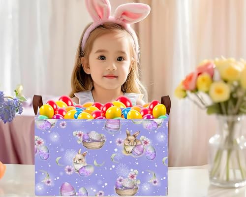 Image of Large Rectangular Easter Baskets Empty Waterproof Boy Toy Box Foldable Kid's Gifts Storage Bin Spring Room Decor(Purple Fireworks Rabbit Egg)
