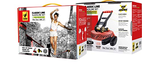 Image of GIBBON ClassicLine Slackline Kit with TreeWear - 49ft Slack Line Set - 41ft x 2 inch Line & 8ft Ratchet Strap with Reinforced Loop, Signature Ratchet
