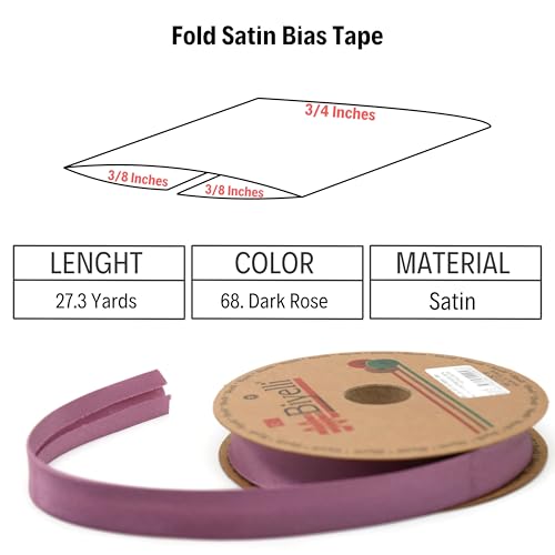 Image of Fold Satin Bias Tape - 99+ Colors - 3 /4 Inches Wide - 27 Yards - Fold Satin Binding Bias Ribbon Fabric Piping Bias Binding Tape for Sewing Clothing DIY (68. Dark Rose) BYS68