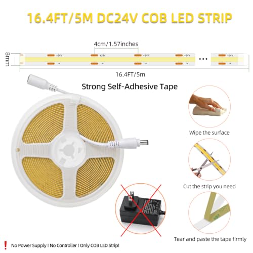 Image of LED Strip Lights 24V COB Pink 16.4ft (No Power Supply) | Super Bright, Dotless High Density 14W /m, 8mm Width Cuttable Flexible, Home DIY Commercial Decoration