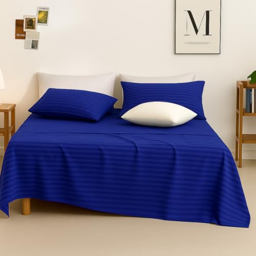 Image of Sofrito Bed Sheet Glace Cotton Striped - 300 TC - Queen (90 inchx108 inch) - with 2 Pillow Cover | Ideal for Hospitals, Clinics, Hostels, PGs, Hotels & Guest Houses | Royal Blue