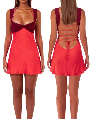 Women’s Mini Dress Patchwork Sleeveless Strapless Lace Up High Waist A-line Elegant Party Clubwear Short Dress