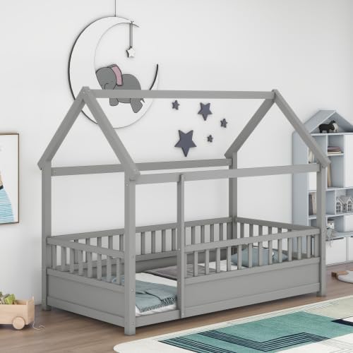 Miniatura 10 de anwickjeff Cama Montessori de madera con valla y techo para niños, moderno marco de cama individual para niños y niñas (blanco, individual)