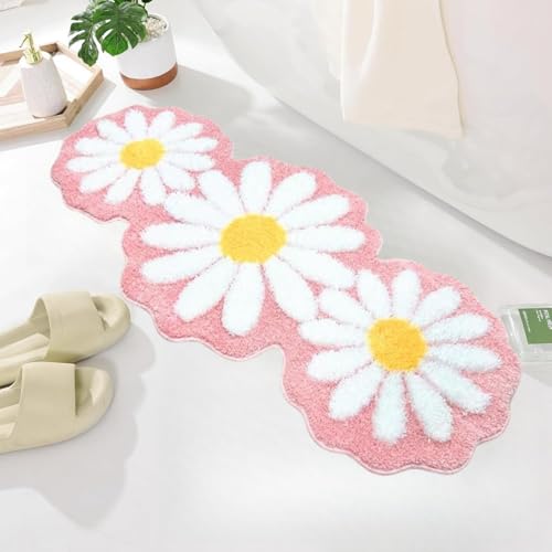 KRUIHAN Alfombra de Baño TPR Antideslizante,Tapete Rosa Suave y Peludo,Alfombrilla Absorbente Lavable con Diseño Floral,Ideal para Baño,Dormitorio,Cama,Sala,Cocina,Entrada,60x130 cm