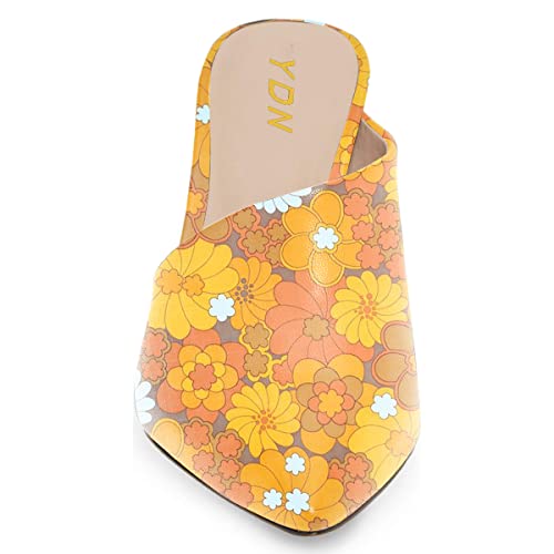 Ydn Women Retro Pointy Toe Half D'orsay Spike Heel Mules Cutout Outside Slip On Slide Sandal Slippers Size 7 Yellow Flower #TOP2