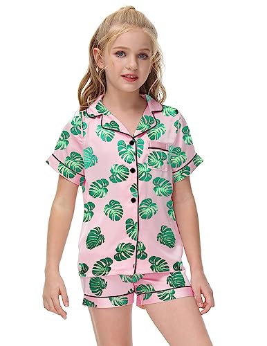 Veseacky Unisex Satin Pajamas Set Boys Girls Silk Pjs Short Sleeve 2 Piece Sleepwear Button-Down Kids Nightwear(4-13T)2