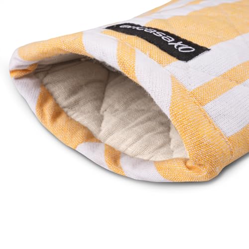 Image of Encasa XO Oven Gloves for Microwave (2 pc Set) - Heat Proof, Thick & Safe | Longer 18x30 cm Mittens for Protection in Kitchen Cooking & Baking - Franca Yellow Stripes