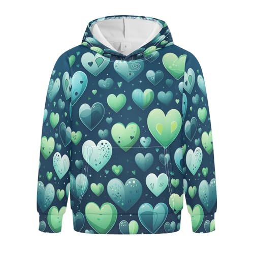 NYYYTTTEU Cuori Blu Verdi Felpa con Cappuccio per Bambini Felpe con Stampa 3D per Ragazze Ragazzi
