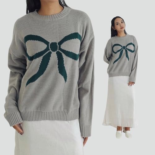 Image of Women Cute Bow Knit Sweater Y2k Long Sleeve Crew Neck Knitted Pullover Top Oversized Going Out Fall Winter Knitwear