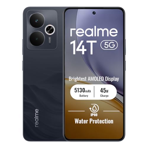 realme 14T 5G Smartphone 8+256GB, Obsidian Black, Schermo 6.67 pollici, Refresco a 120Hz, Batteria 5130mAh, Fotocamera 50MP, MediaTek Dimensity 6300, Protezione ArmorShell, IP69