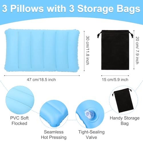 3 Pièces Oreiller de Flocage Gonflable Ultraléger Imperméable, Coussin Gonflable Floqué Doux Compressible avec 3 Sacs de Rangement, Oreiller de Plage Imperméable pour Voyage Camping Excursions – Image 3