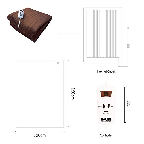 Bauer Professional Electric Heated Throw Blanket, Soft Fleece (120 x 160cm), 10 Heat Settings, 1–9h Timer, Auto Shut-Off, Detachable Controller, Machine Washable, Brown