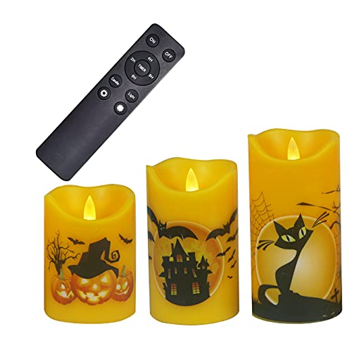Image of CANDLE CHOICE Orange Halloween Flameless Candles with Remote and Timer Real Wax Realistic Flickering Fake Electric Battery Operated LED Pillars Halloween Theme Decals for Halloween Decorations 3 Pack