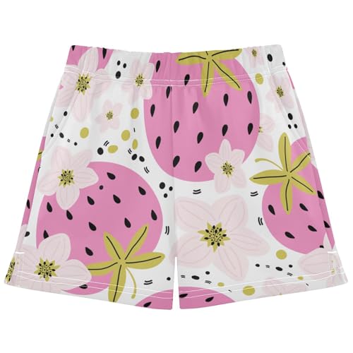 pnyoin Girl's Shorts Cute Strawberry Flowers Athletic Running Shorts with Pockets Size 14-15t